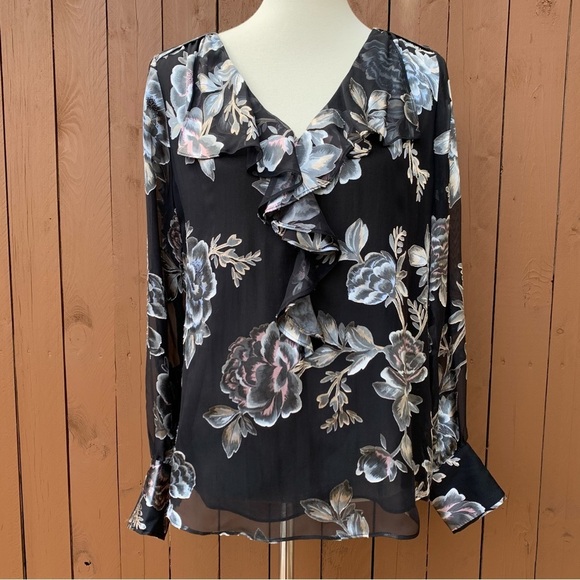 White House Black Market | NWT Size Medium Blk Dynasty Floral Silk Raglan Blouse - Picture 11 of 16